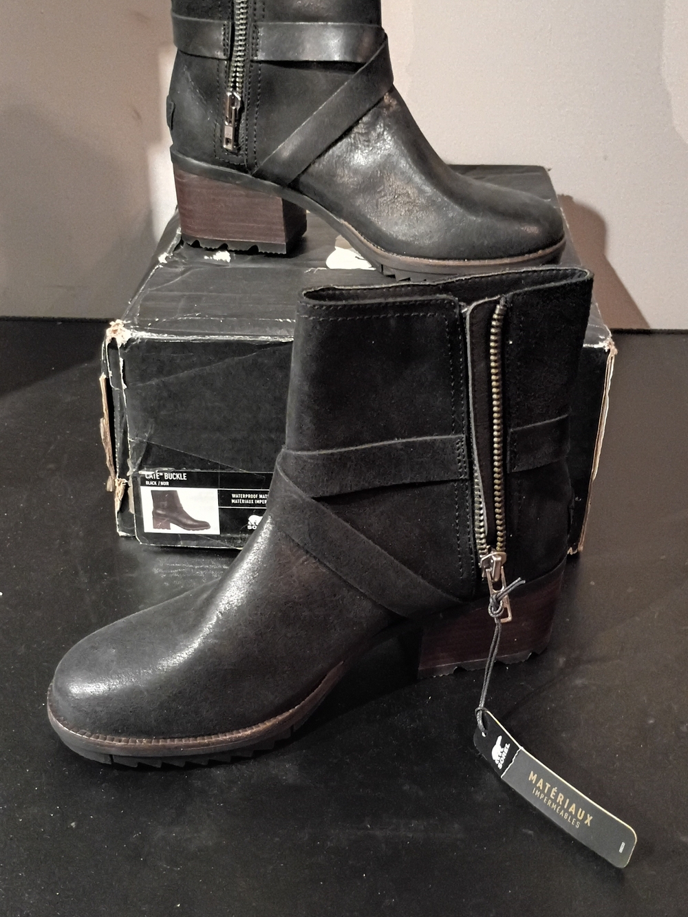 Sorel Black Leather & Suede Strapped Ankle Booties with Side Zip